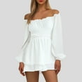 thumbnail image 2 of Jumpsuits for Women Ruffled Layered Culottes Crew Neck Off Shoulder Swing Mini Dress Date Night Rompers, 2 of 5