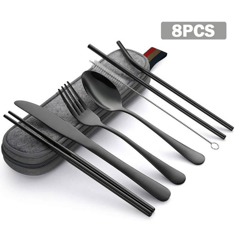 OBR KING Travel Silverware Set with Case, 8pcs Stainless Steel Camping  Flatware Including Fork Knife Spoon and Straws, Portable Cutlery Set for