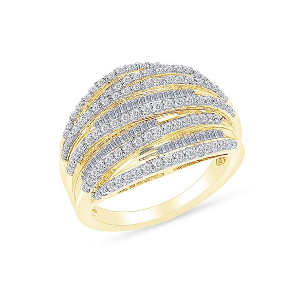 1 Carat Baguette & Round Natural Diamond Multi-Row Cluster Ring in 14k Yellow Gold Over Sterling Silver Size 7