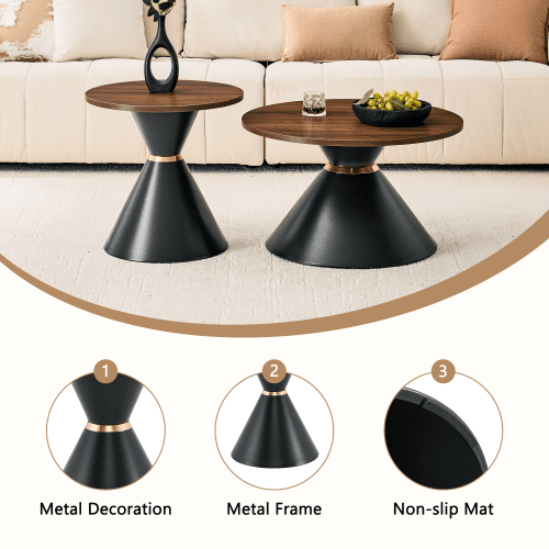 2-Piece Round Nesting Coffee Table Set, Walnut Wood Grain Tabletop with Metal Base, Mid-Century Modern Accent Tables for Living Room Bedroom, Walnut + Black