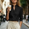 thumbnail image 4 of Enjoytime Shirts for Women Stand Collar V Neck Linen 3/4 Sleeve Tops Lightweight Business Casual Work Blouses, 4 of 7