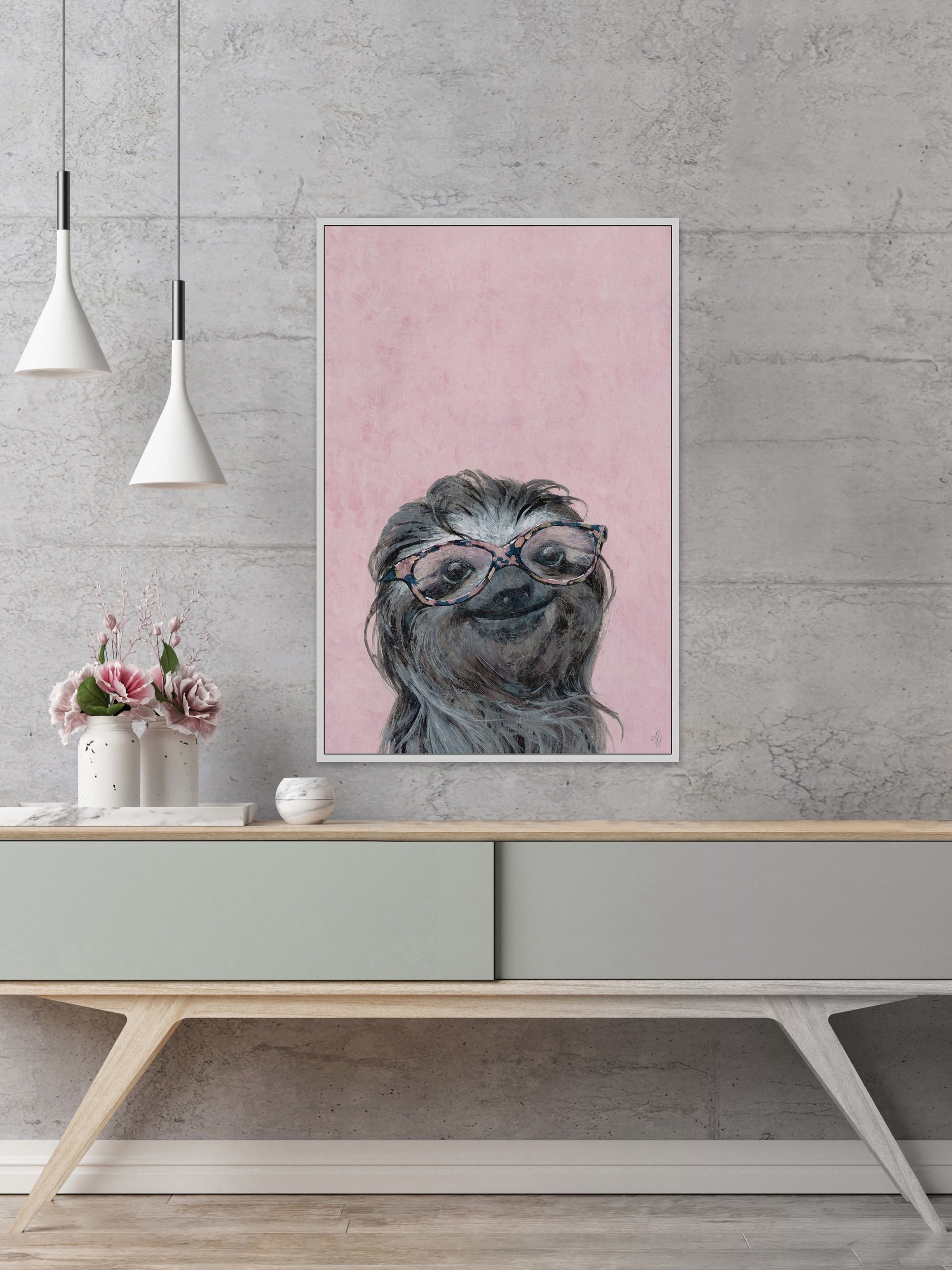 Sloth in Pink Floater Framed Painting Print on Canvas