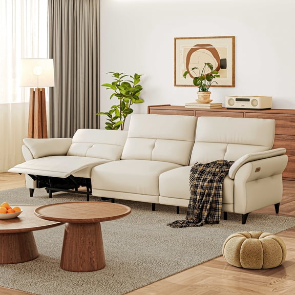 Leather Sectional Sofa Bed with Motor, 3-seater Loveseat Recliner with Console, Modular Sectional Power Reclining Sofa Couch with Adjustable Back & Footrest for Living Room and Bedroom, Beige