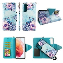 Case For Samsung Galaxy S21 6.2 2021 Detachable Magnetic Wallet Pu Leather Cover Flap Closure Snap-on Book Style Cases Cash Pocket with Card Slots Holder Wrist Strap 2 in 1 Folio Flower Blue