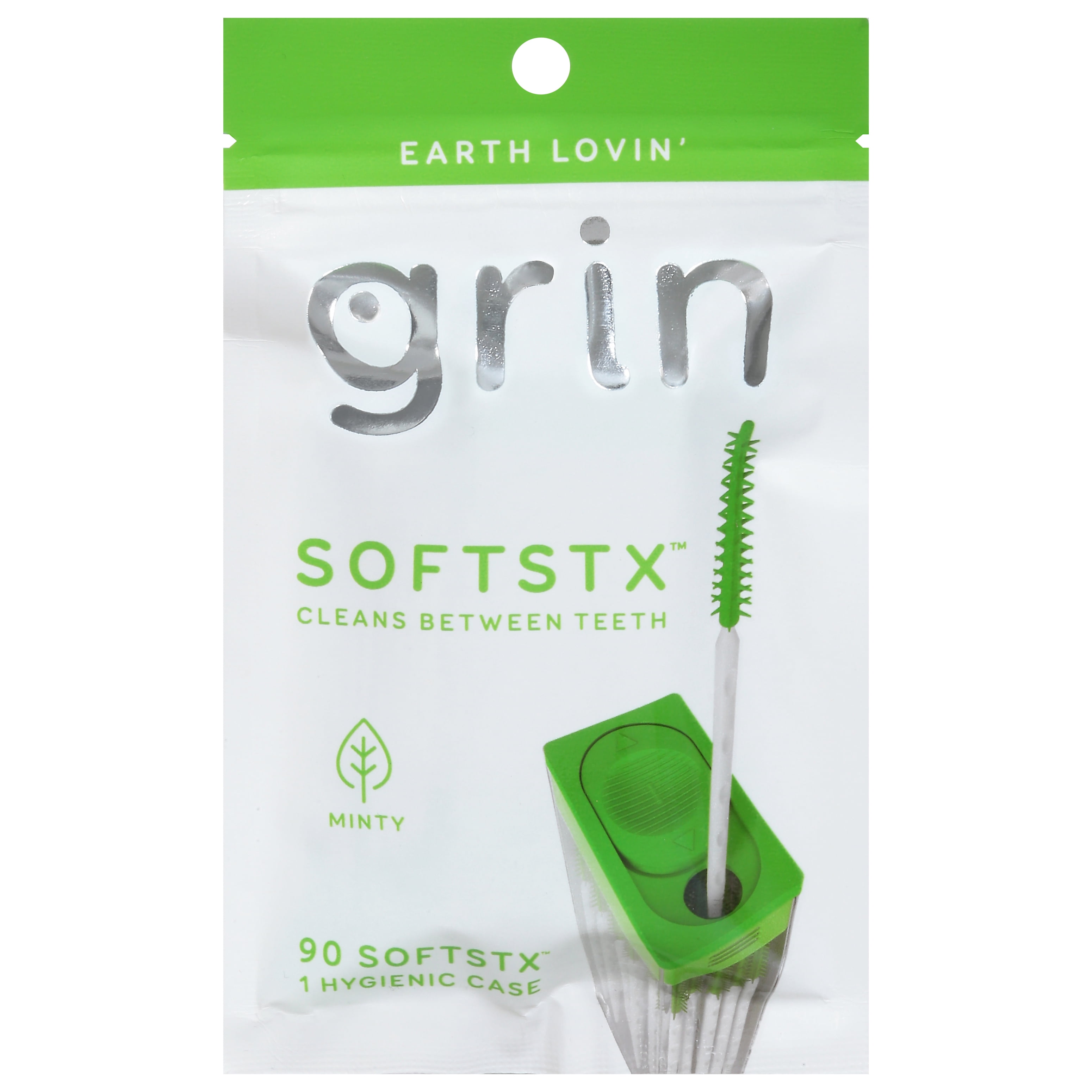 Grin Softstx, Gentle Dental Picks, 90 Count, Soft Flexible Bristles, Textured Plaque Removing Toothpick, Minty Flavor, for Between Teeth, Refillable Hygienic Case, for Braces, Bridges, and Implants