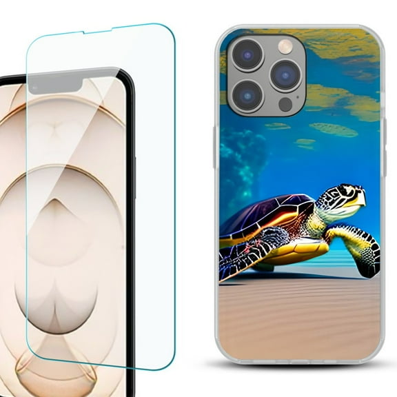 OneToughShield ® for iPhone 15 Pro Shockproof Phone Case, with Tempered Glass Screen Protector - Sea Turtle Beach