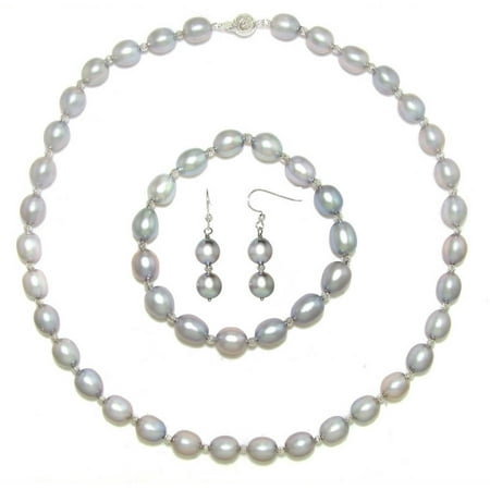 8x9mm Grey Rice Shape Freshwater Pearl Necklace Sterling Silver Chain 18 with Ball Clasp, Stretch Bracelet, Earring, Silver Beaded