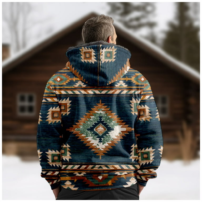 JGGSPWM Men's Aztec Ethnic Western Hoodie Winter Thicken Fleece