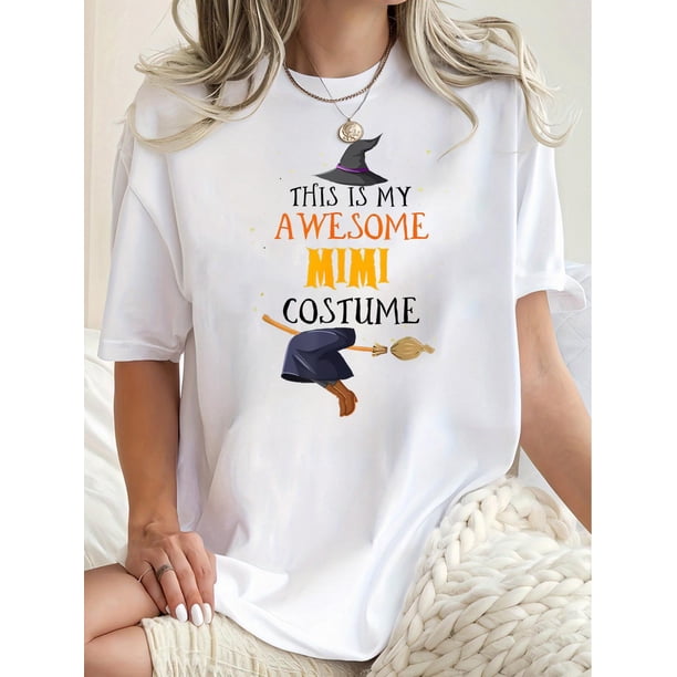 1pc Women'S Casual Crew Neck T-Shirt with Witch and Broom Print - Polyester Knit Fabric, Medium Stretch, All-Season Comfort, Fashionable Short Sleeve Top for Casual Wear, for Halloween
