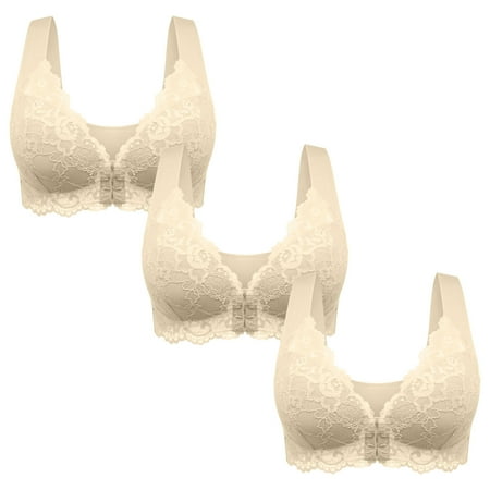 miqiqism 3 PCS Women s Plus Size Bras Front Closure V Neck Wireless Brassiere Wide Strap Everyday Bra Trendy Solid Color Racer Bra Beige XX-Large