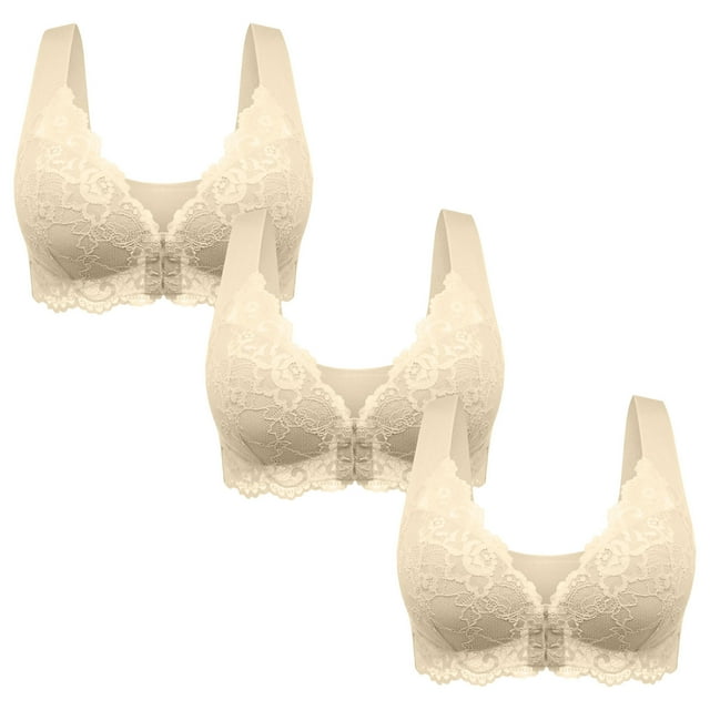 Timegard Seamless Bras for Women 3pc Plus Size Front Closure Back Smoothing Comfy Lace Bras with Support