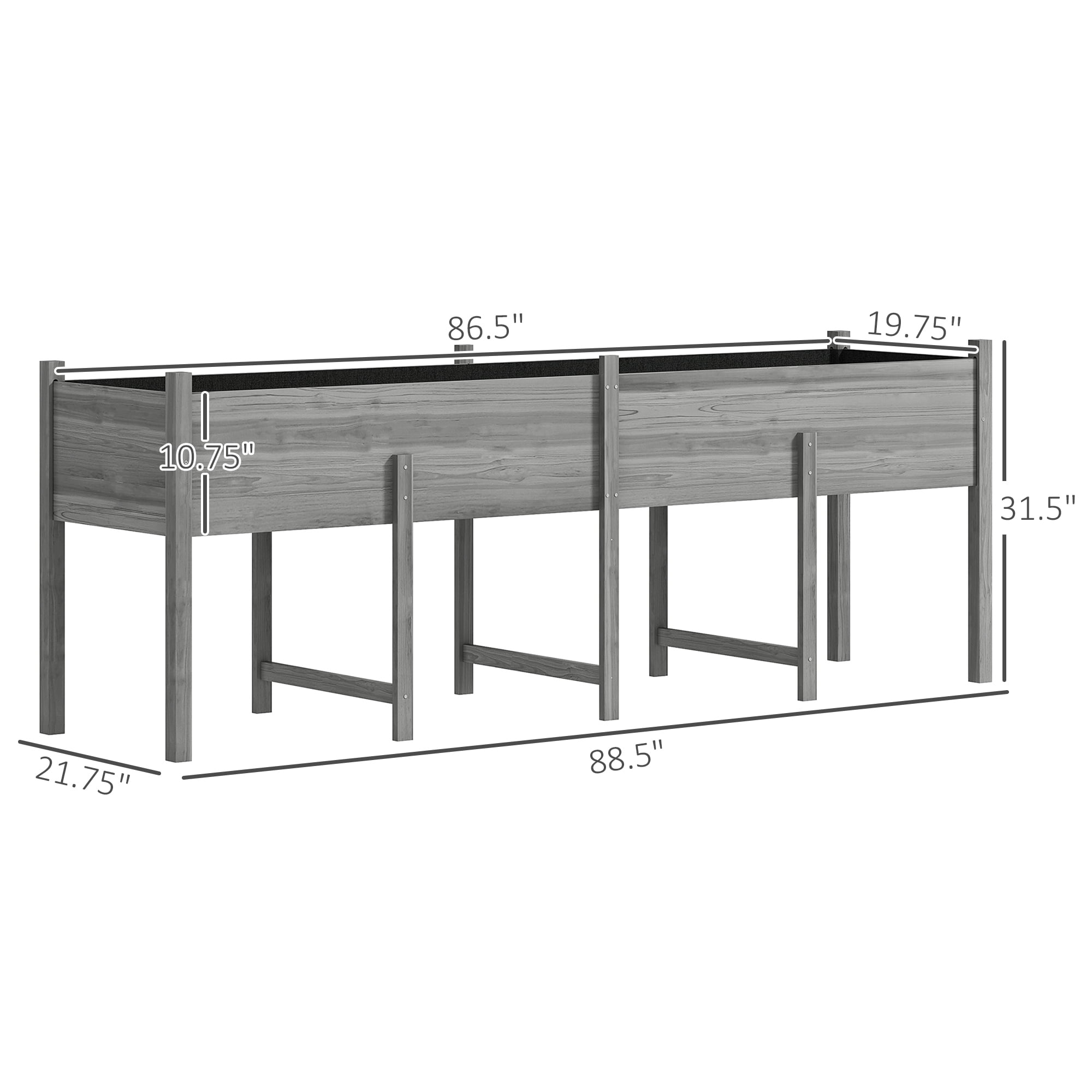Outsunny 7.4' x 1.8' x 2.6' Raised Garden Bed Kit, Extra Large Elevated Wood Planter Box with Legs & Drainage Holes, 220 lbs. Capacity, Gray