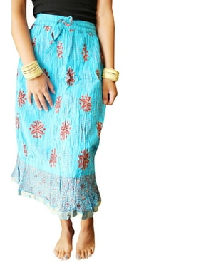 Mogul Women Summer Skirt, Blue Printed Indi Boho Skirt, Bohemian Cotton Beach Skirt, Crinkled Skirts S