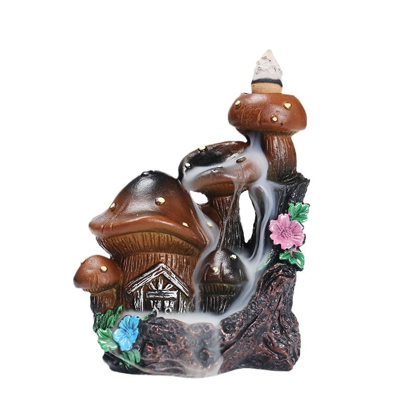 Mushroom House Backflow Censer Backflow Incense Burner Resin Mushroom House Incense Burner Mushroom Incense Holder Flowing Smoke Burner for Relax Desktop Ornament