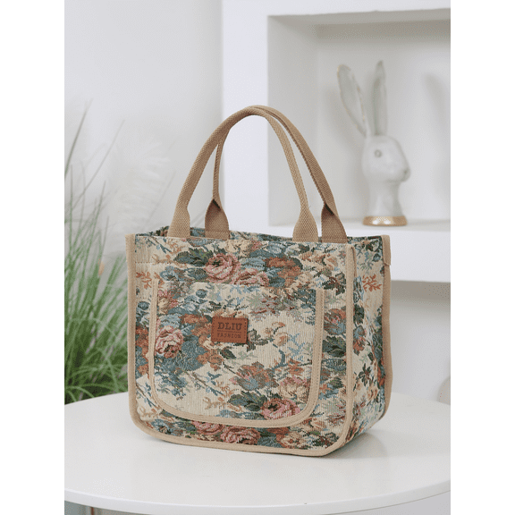 DLIU Women's Thickened Jacquard Fabric, Floral Pattern, Tote Bag, Carrying Bag, Utility Bag, Daily Storage Bag, 1 Piece