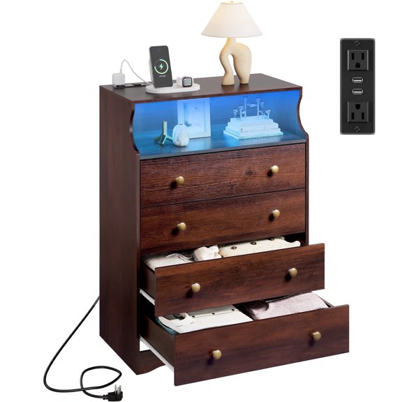 GALAXHERO 4 Drawers Dresser with LED Lights, Tall Dressers with Charging Station, Wood Chest of Drawers for Bedroom, Living Room, Closet, Hallway, Rustic Brown