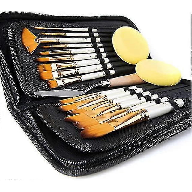 Set Of 15 Brushes For Watercolor Oil Acrylic Gouache Painting Includes Carrying Case With Palette Knife And 2 Sponges