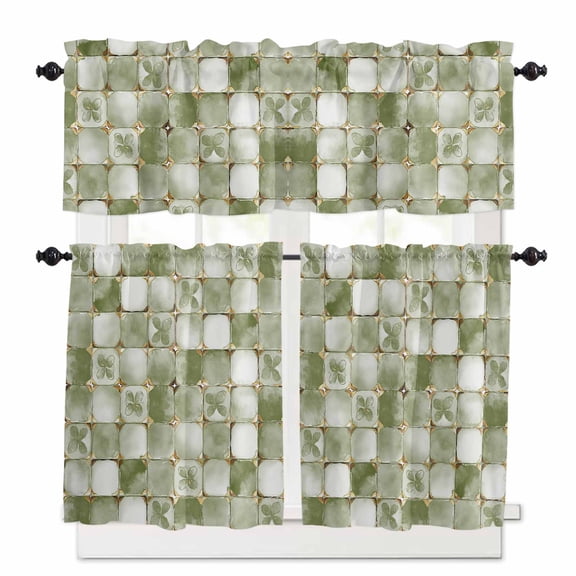 Sage Green Crystal Flower Kitchen Curtains Valances and Tiers Set of 3, 24 Inch Length Tier Curtains and Valance Rod Pocket Valance Curtains Set for Kitchen Bathroom Small Windows