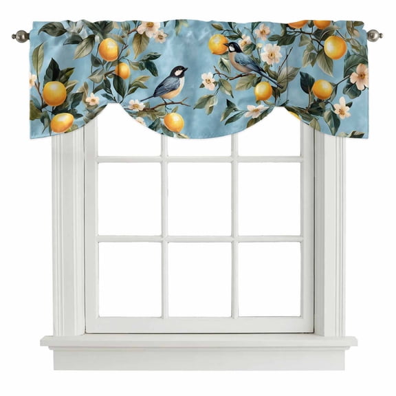 Tie Up Valances for Windows, Lemon Flowers Adjustable Valance Curtains Window Treatment for Living Room, Country Bird Plant Watercolor Blue Summer Rod Pocket Kitchen Curtains & Drapes 54x18 Inch