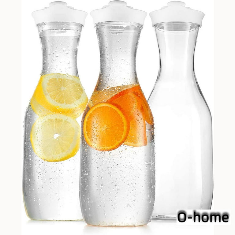 Plastic Carafe Water Pitcher - Carafes for Mimosa Bar - Clear Juice  Containers with Flip Top lids - Narrow Neck for Easy Grip Wide Mouth -  Juice carafe for Parties BPA Free 