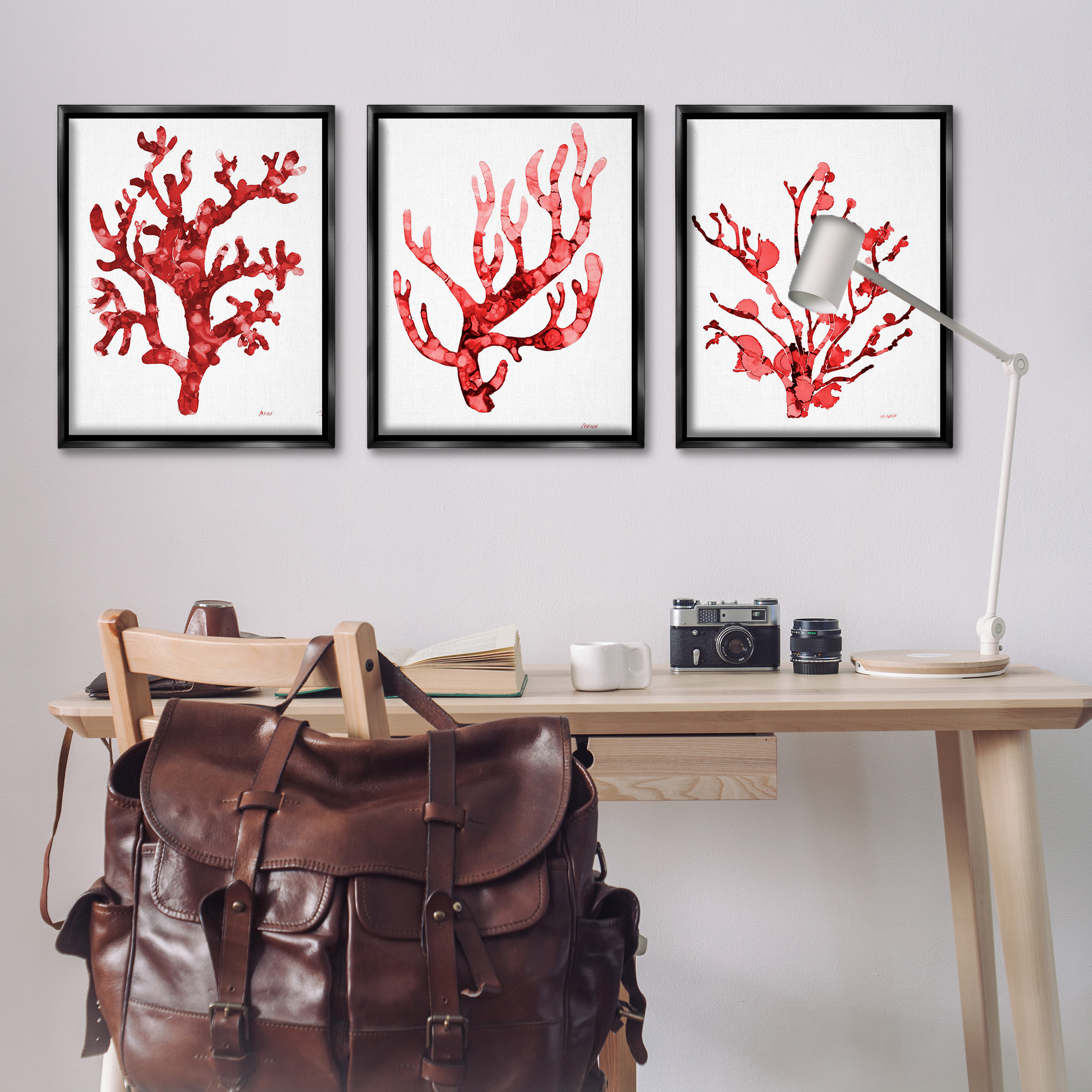 Stupell Industries Bold Red Coral Nautical & Beach Painting Black Floater Framed Canvas Art Print Wall Art, 25 x 31, Set of 3