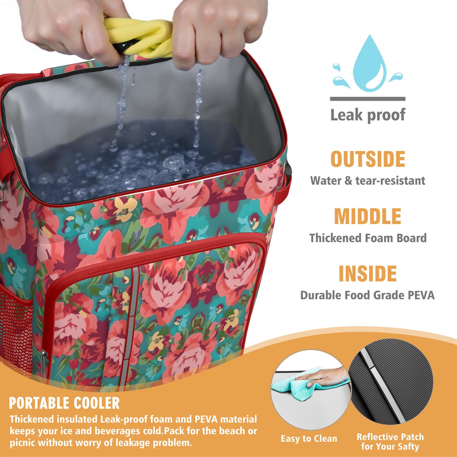 Travel Cooler Bag - Pioneer Flower Floral Print Pattern Camping Beer Cooler Backpack with Bottle Opener- Waterproof Insulated Picnic Backpacks - Cooler Bag for Beach