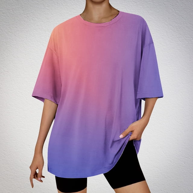 Women's Gradient Color T-Shirt Casual Drop Shoulder Short Sleeve Top Soft Polyester Blend Comfortable Round Neck Tee for Daily Wear Party Outfit Machine Wash Lightweight Fashionable