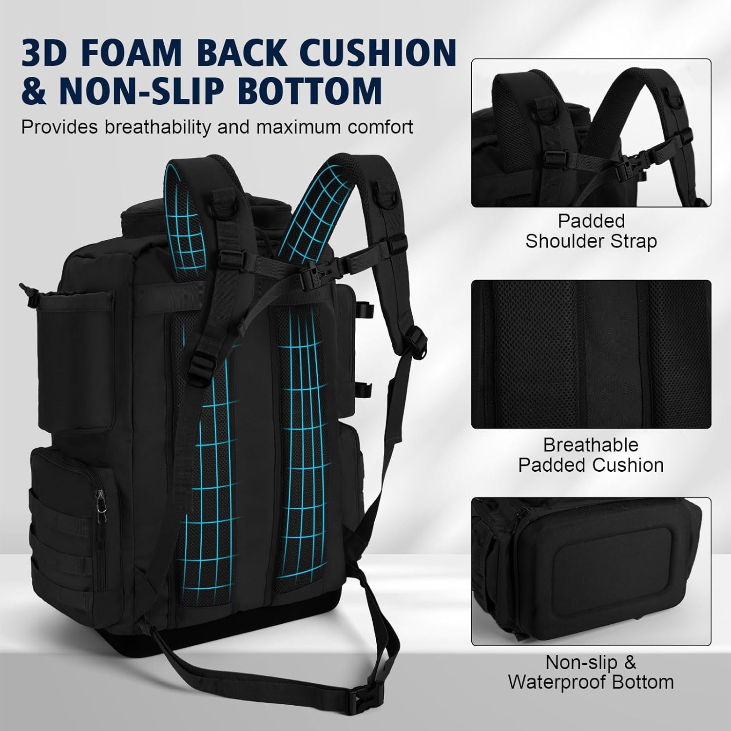 Fishing Backpack 55L Large Tackle Bag with Rod Holder EVA Bottom Rain Cover 600D Waterproof Storage for Camping Hiking