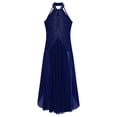 thumbnail image 6 of TiaoBug Women Rhinestones Halter Split Lyrical Dance Dress Contemporary Dancewear Navy Blue S, 6 of 7