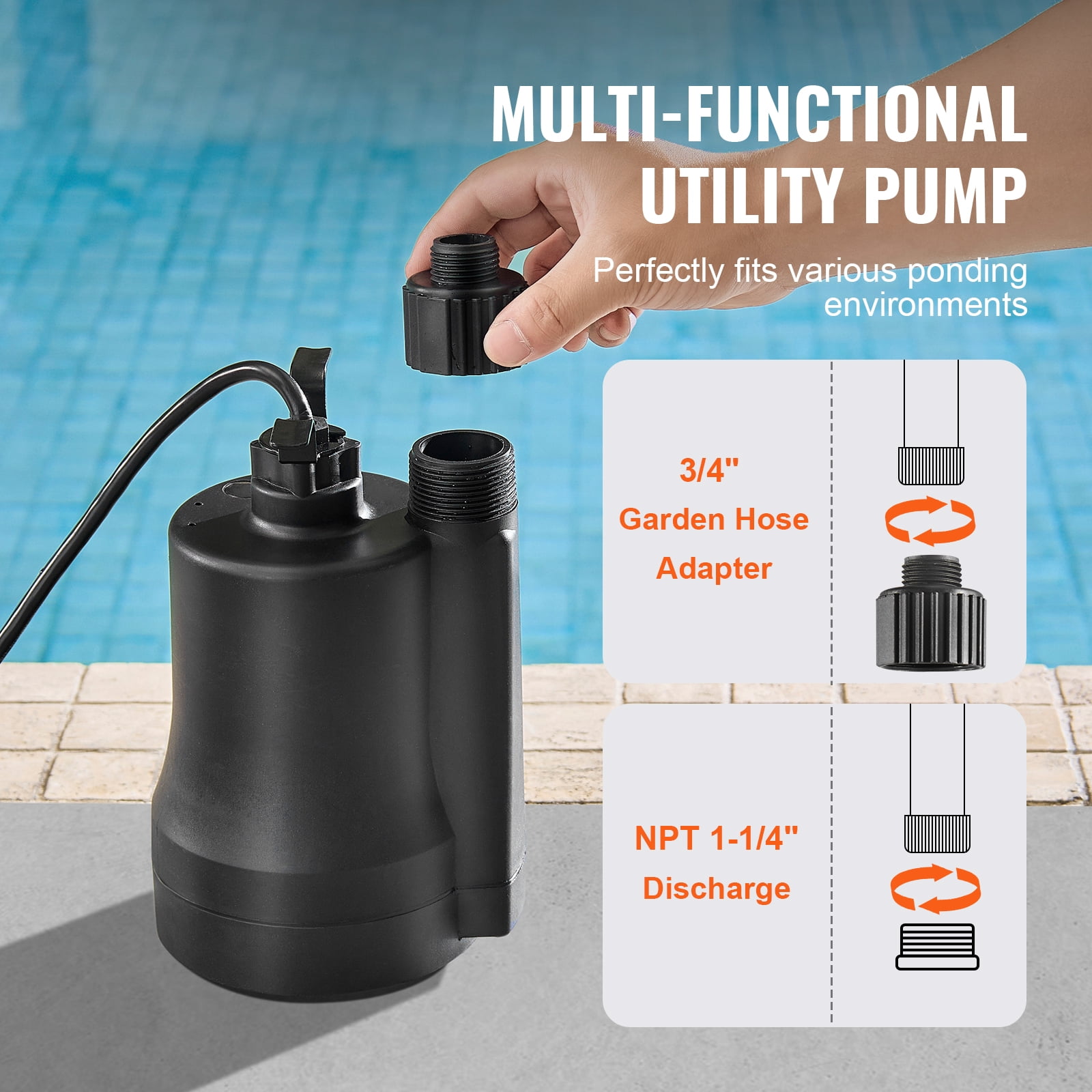 VEVOR Utility Pump, 1/3 HP, 2450 GPH High Flow,30 ft Head, Sump Pump Submersible Water Pump Portable Utility Pump with 10 ft Long Power Cord for Draining Water from Swimming Pool Garden Pond Basement