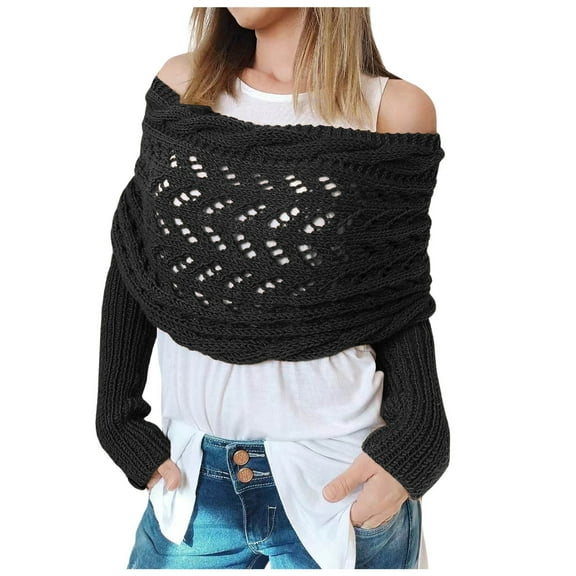 YWOAGH Sweater Scarf with Sleeves for Women Multi-Use Knitted Cable Wrap Shrugs Crochet Fashion Shawl Cape Scarf Black