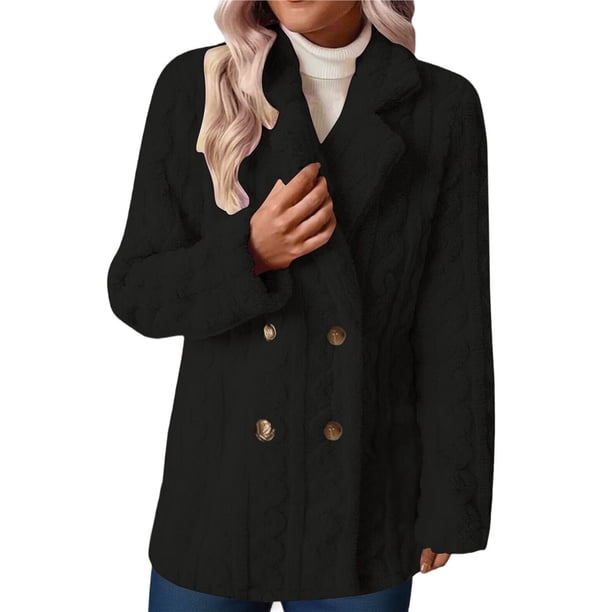 Abrigo de Felpa para Mujer, Cómodo, Informal, Cálido, con Cuello de Traje, Cruzado, Medio. Negro XXL
