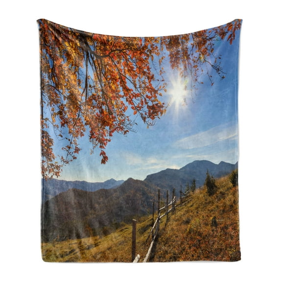 Fall Soft Flannel Fleece Throw Blanket, Fallen Leaves over the Mountains Idyllic Fall Day Morning Sunrise Oak Tree Branches, Cozy Plush for Indoor and Outdoor Use, 60" x 80", Multicolor, by Ambesonne