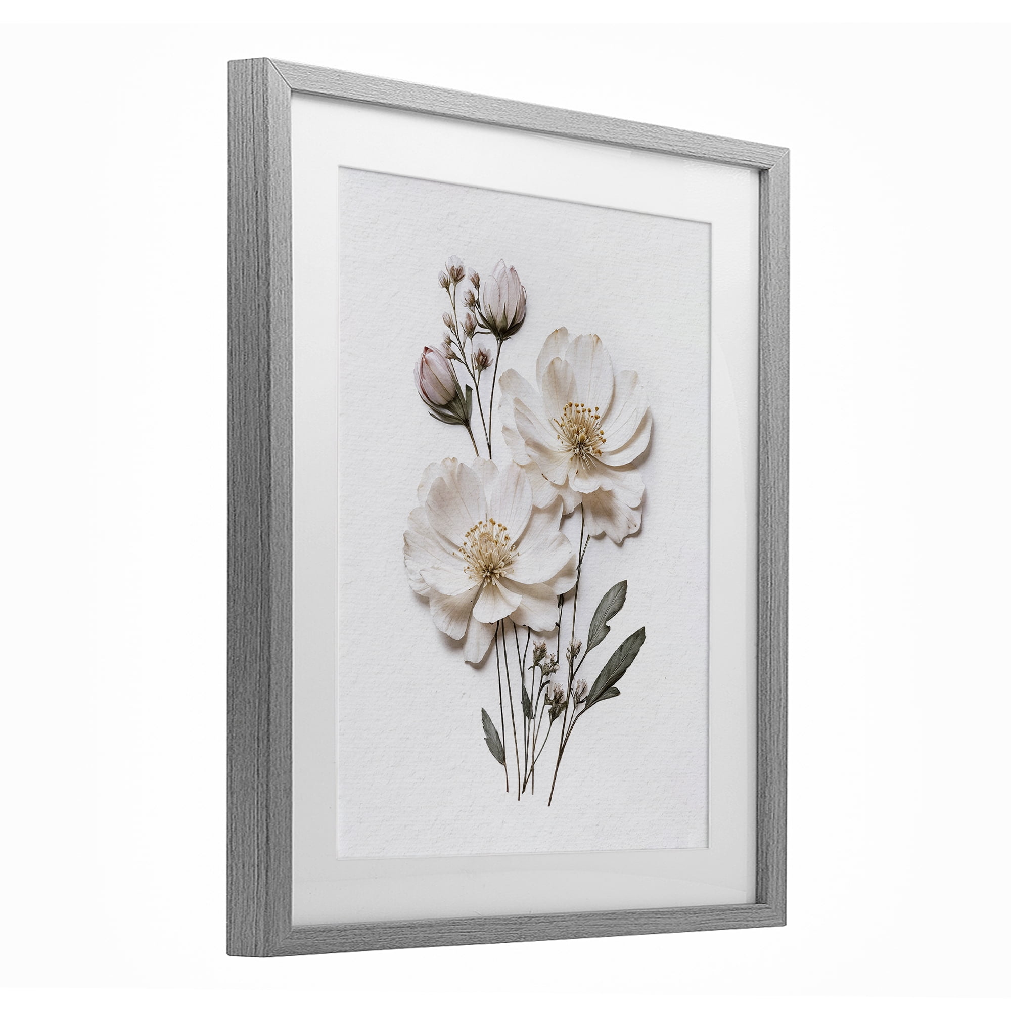 Elegant Pressed Flowers Gray Framed Print Under Glass, design by Lettered and Lined