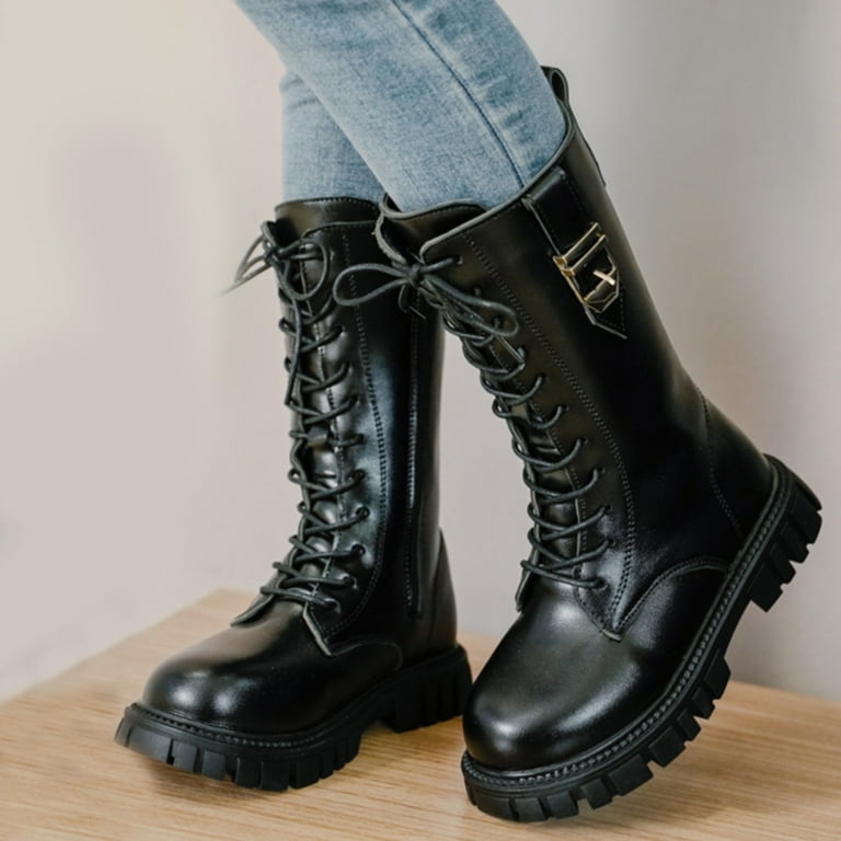 Gaexia Girls Lace Up Riding Boots Mid Calf Combat Boots Fashion