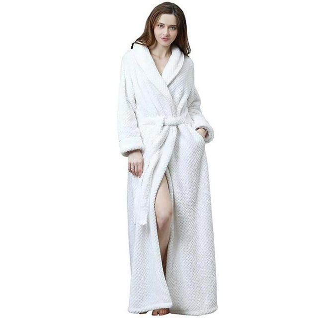 Peignoir en Polaire pour Femmes avec Taille Élastique Long Chaud Robe de Bain Unie