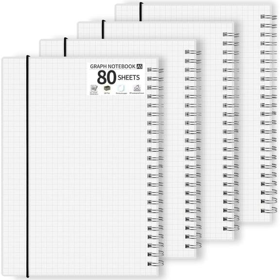 4 Pack Graph Paper Notebooks, A5 Spiral Notebook 5.7"x 8.2", 80 Sheets/160 Pages, Thick Paper with Plastic Cover, Hardcover Grid Notebook Journal for Office, Writing, Drawing