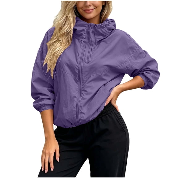 hoksml Women's Lightweight Hooded Wind Jacket Full Zip Drawstring Cuff Hem Pocket Loose Outdoor Windbreaker