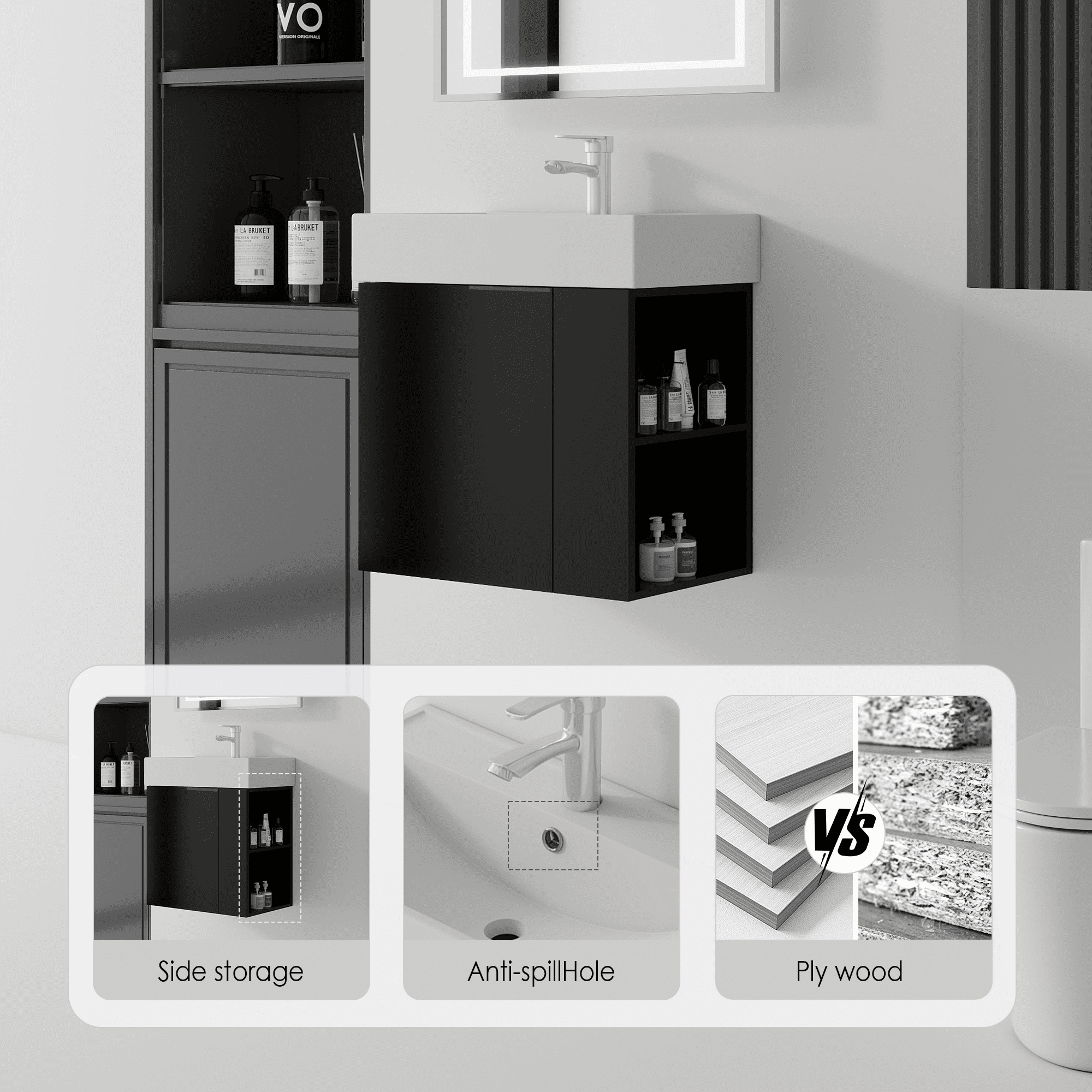 Leumius 21.6" Floating Bathroom Vanity with Ceramic Sink,Floating Bathroom Sink Cabinet for Small Space,Bathroom,Black