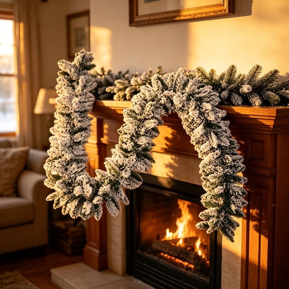 Christmas Garland with Lights Flocked Snowy Pine with 50 Lights White Tipped Artificial Greenery for Winter Mantle 9 ft