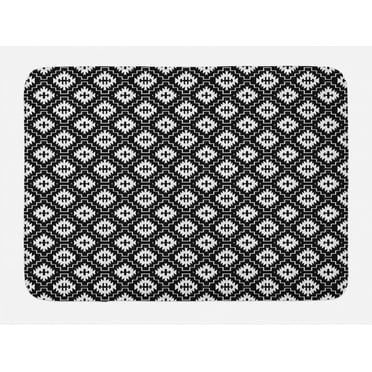 Aztec Bath Mat, Native Ornamental with Classic Victorian Damask Baroque Effects Pattern, Plush Bathroom Decor Mat with Non Slip Backing, 29.5" X 17.5", Black and White, by Ambesonne