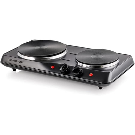 OVENTE Electric Countertop Double Burner, 1700W Cooktop with 7.25" and 6.10" Cast Iron Hot Plates, Temperature Control, Portable Cooking Stove and Easy to Clean Stainless Steel Base, Black BGS102B