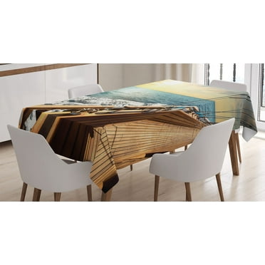 Ambesonne Nautical Tablecloth Rectangular Table Cover, Sailboat Sunset Sea, 60"x90", Cream and Blue