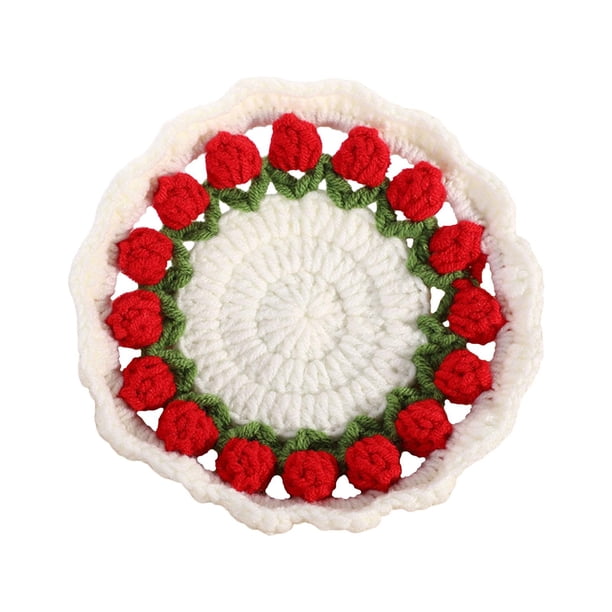 Posavasos de manta con ramo de flores, tapete de taza de ganchillo, adorno terminado, decoración, artesanía DIY Rojo