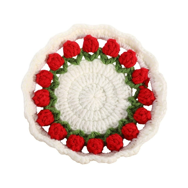 Posavasos de manta con ramo de flores, tapete de taza de ganchillo, adorno terminado, decoración, artesanía DIY Rojo