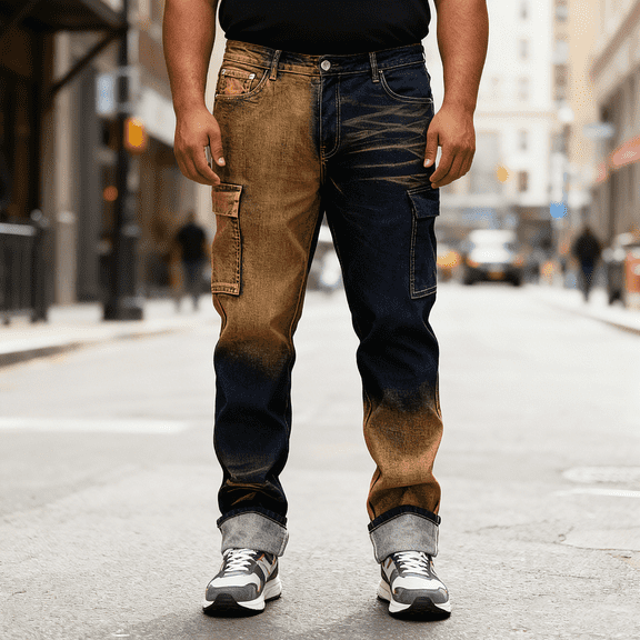 Men's Two-Tone Dip-Dye Straight Leg Stretch Jeans: Cargo Pocket Denim | Comfort Flex Fabric, Standard Sizing (30-40)
