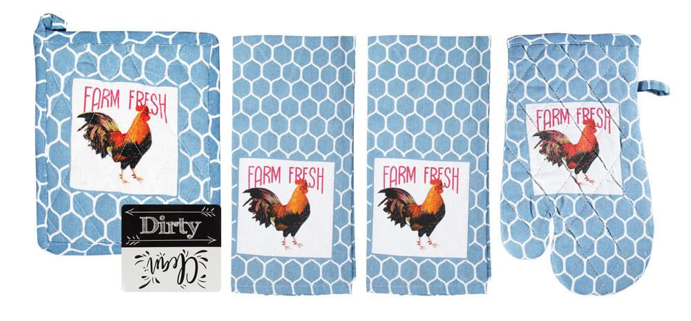 2 ROOSTERS FROM HEN FARM by KC 2 POT HOLDERS,1 OVEN MITT & 2 TOWELS 5 pc SET 