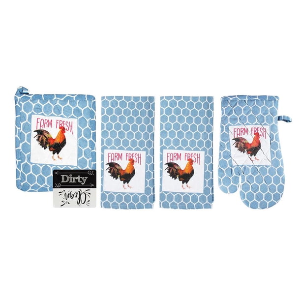 Rooster Kitchen Towels Set With Oven Mitt And Pot Holder Set Farmhouse Kitchen Set Blue Walmart Com Walmart Com