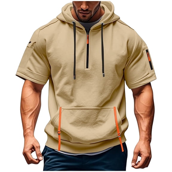 ZCFZJW Short Sleeve Hoodies for Men Lightweight Casual Drawstring Hooded Muscle Pullover Quarter Zip T-Shirts Athletic Tees Gym Workout Sweatshirt Tops with Pockets Khaki L