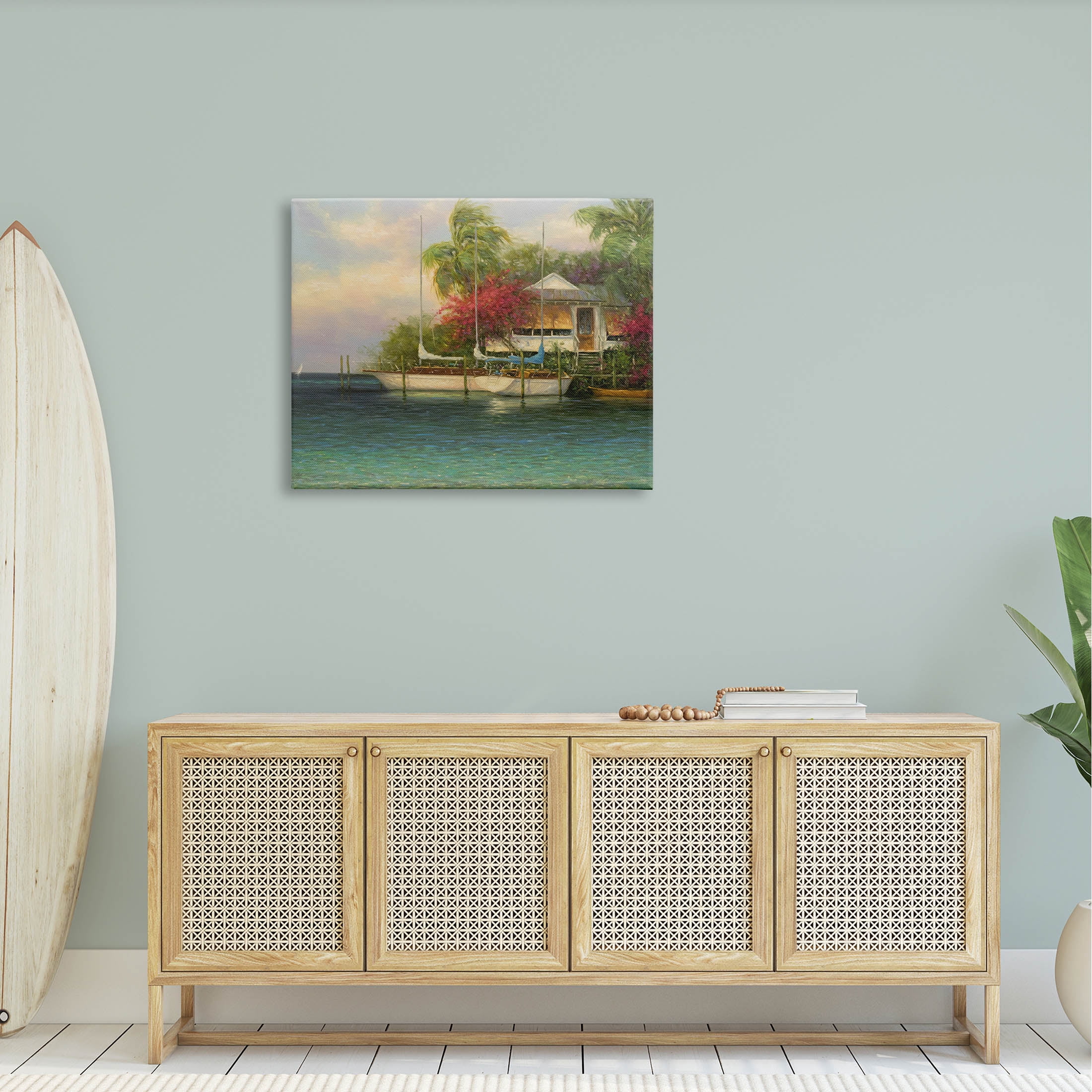 Tropical Boats Waterfront Scenery Landscape Painting Gallery Wrapped Canvas Print Wall Art